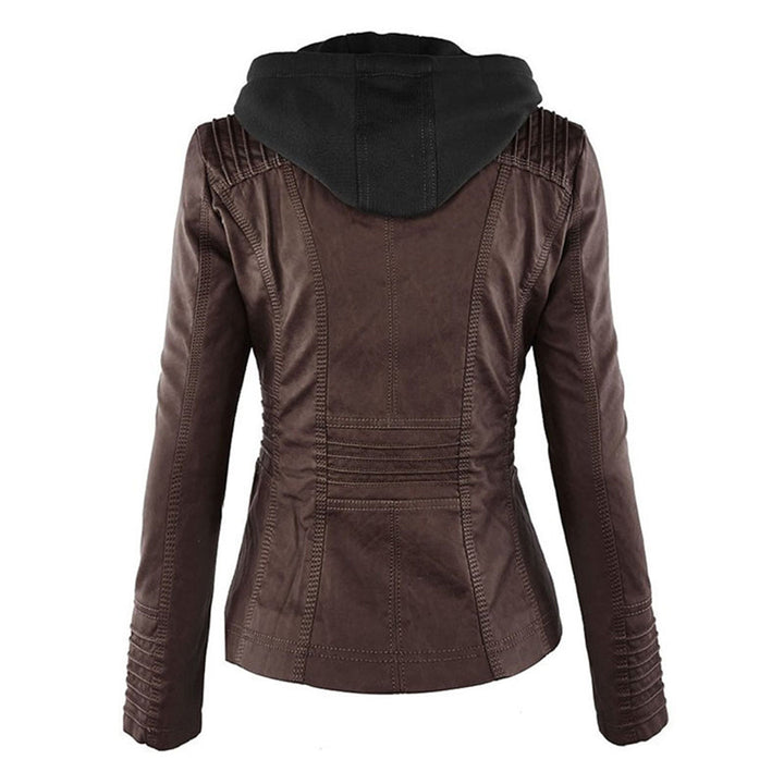 Weather-resistant leather jacket with hood for women