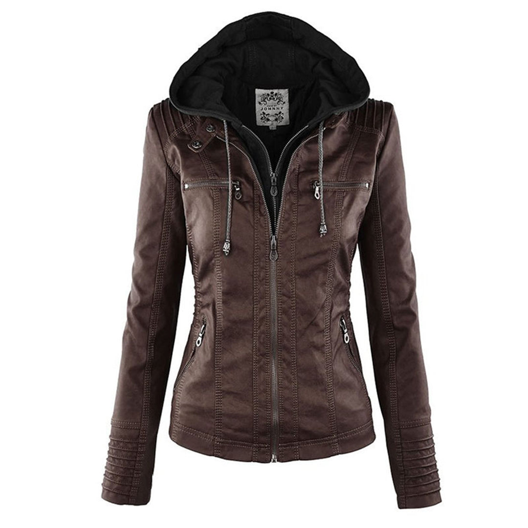 Weather-resistant leather jacket with hood for women