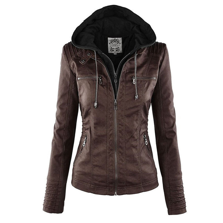 Weather-resistant leather jacket with hood for women