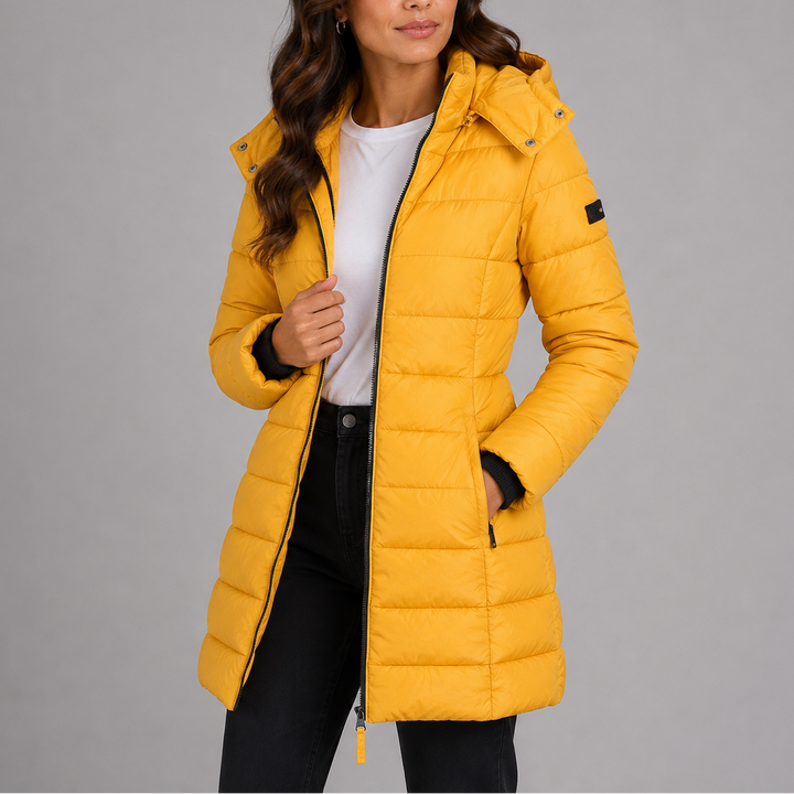 Long hooded quilted winter jacket for women