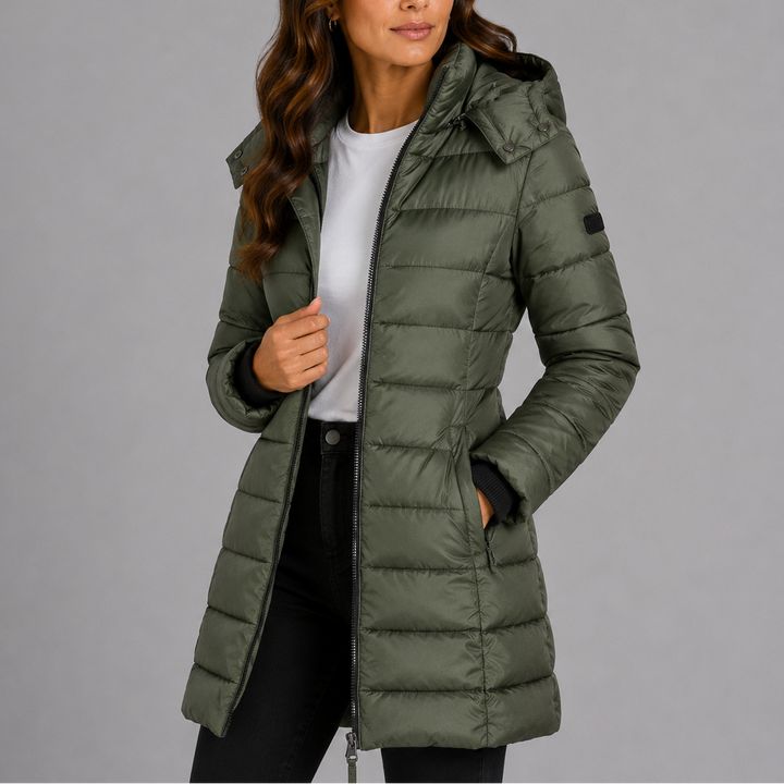 Long hooded quilted winter jacket for women