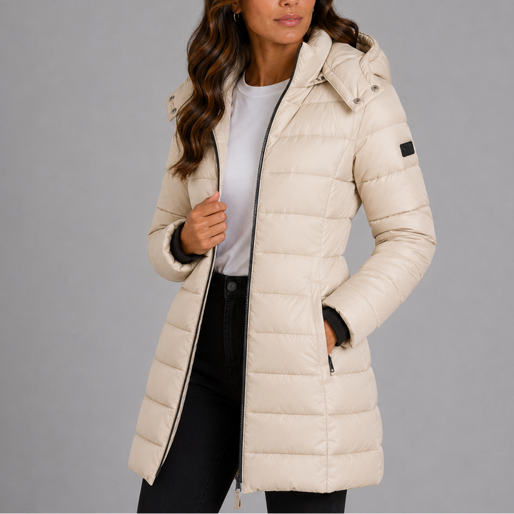 Long hooded quilted winter jacket for women