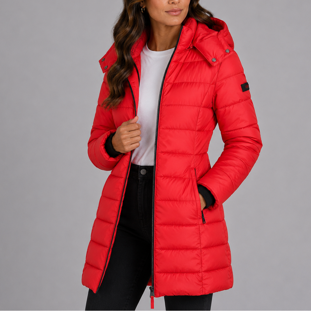 Long hooded quilted winter jacket for women