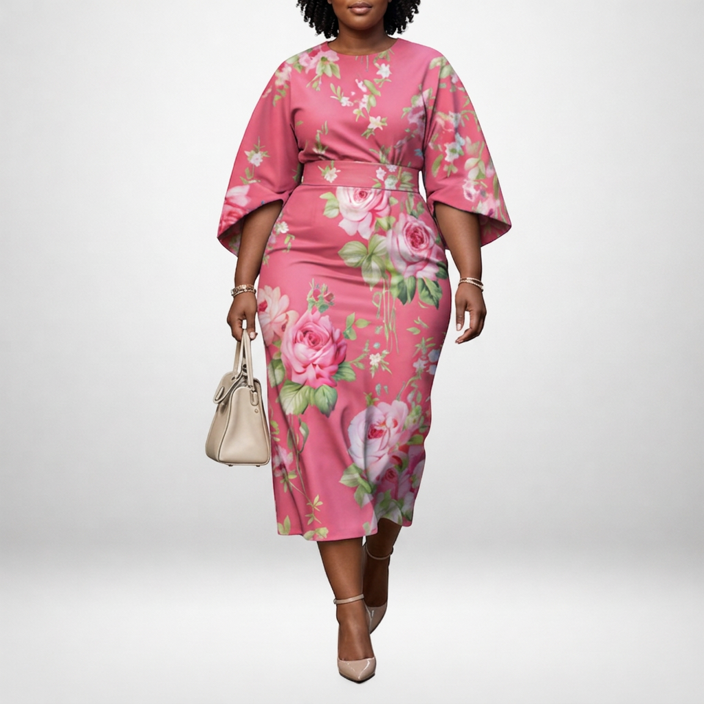 Midi dress with a rose pattern and shaped waist for women