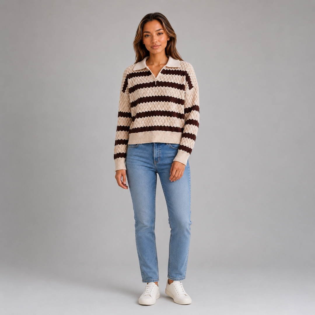 Striped polo-knit sweater for women