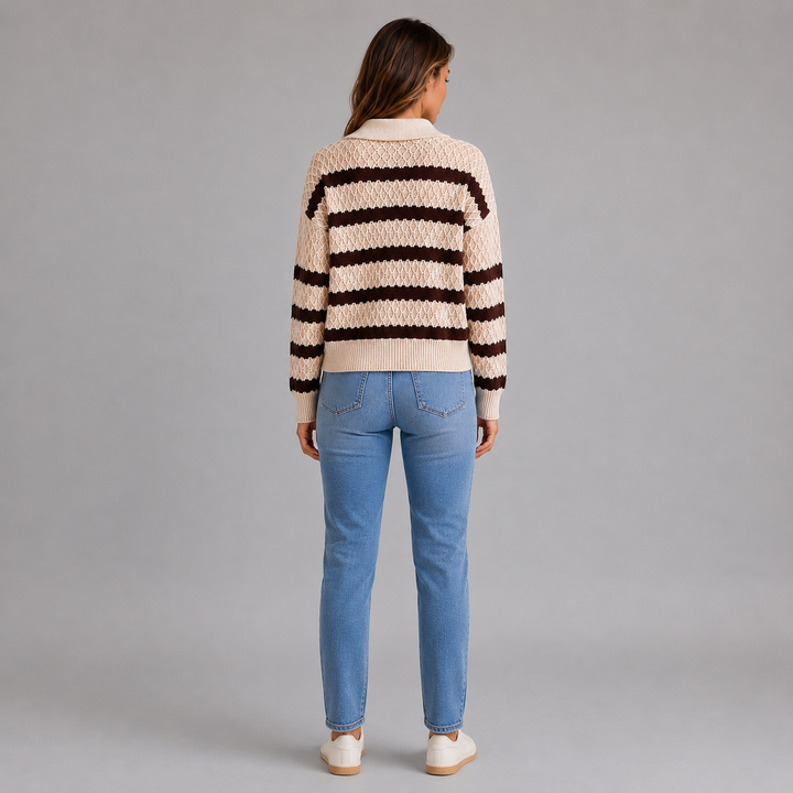 Striped polo-knit sweater for women