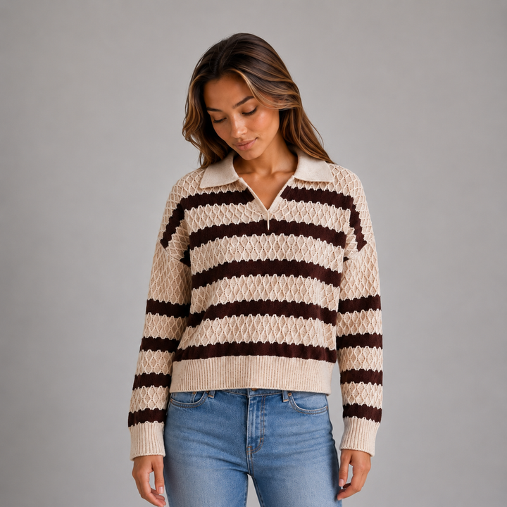 Striped polo-knit sweater for women