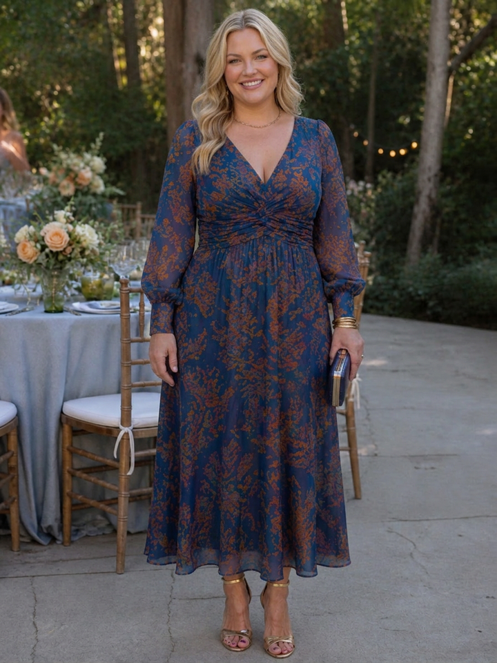 Floral midi dress with a deep V-neck and long sleeves for women