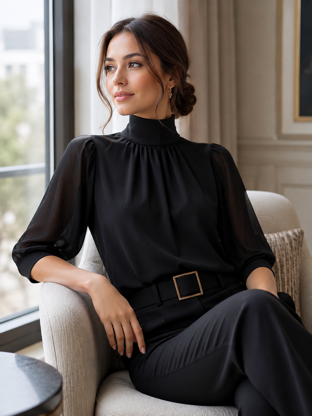 Chiffon Bluse med Pufærmer til Kvinder