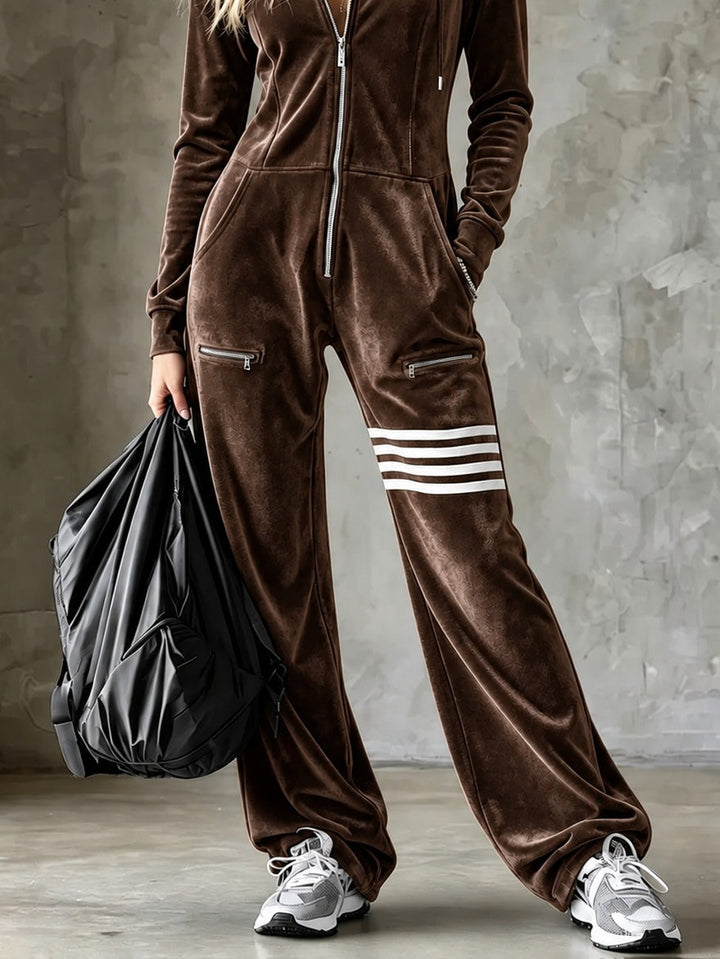 Women's Jumpsuit with Hood, Zipper, and Wide Legs