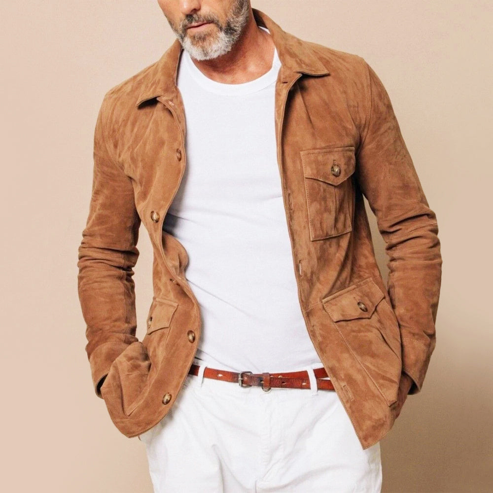Suede jacket with multiple pockets for men