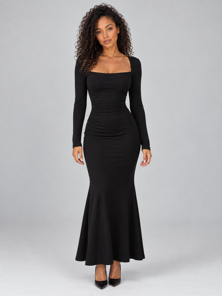 Maxi dress with square neckline and ruching details for women