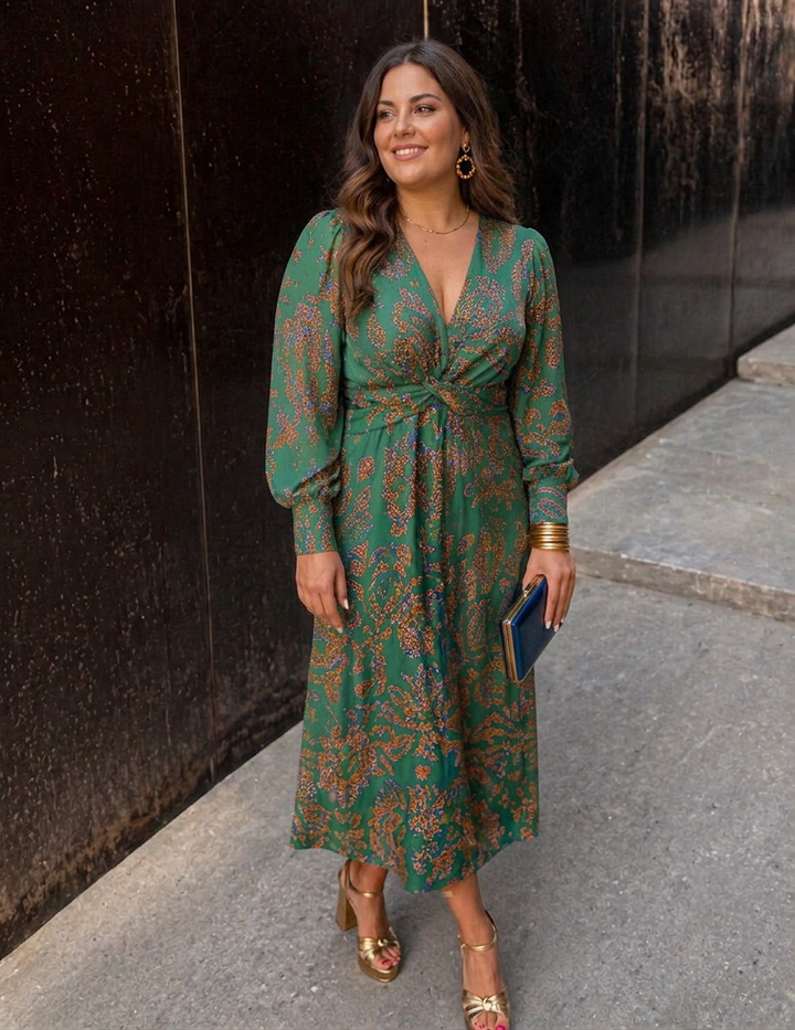 Floral midi dress with a deep V-neck and long sleeves for women