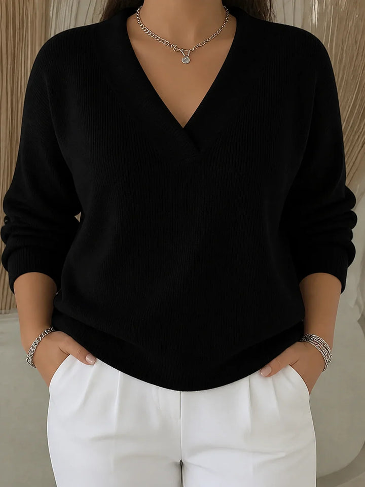Women's V-Neck Sweater with Ribbed Trim