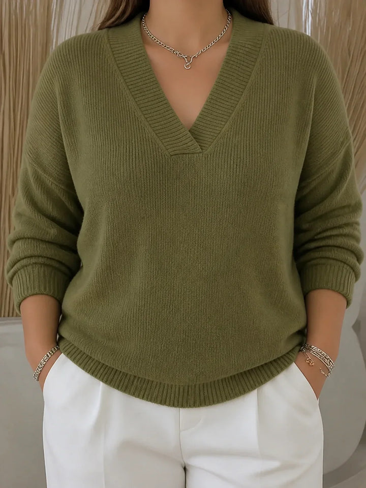 Women's V-Neck Sweater with Ribbed Trim