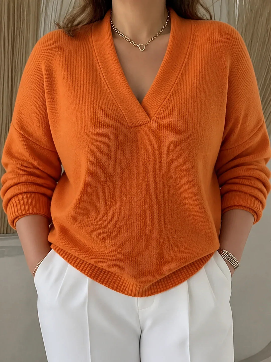 Women's V-Neck Sweater with Ribbed Trim