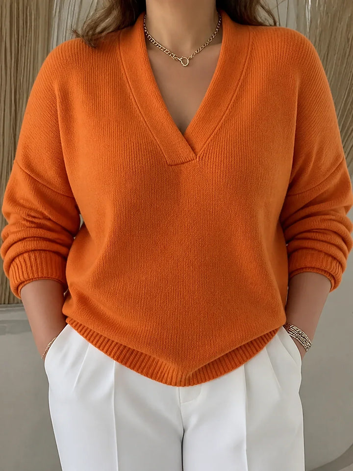 Women's V-Neck Sweater with Ribbed Trim