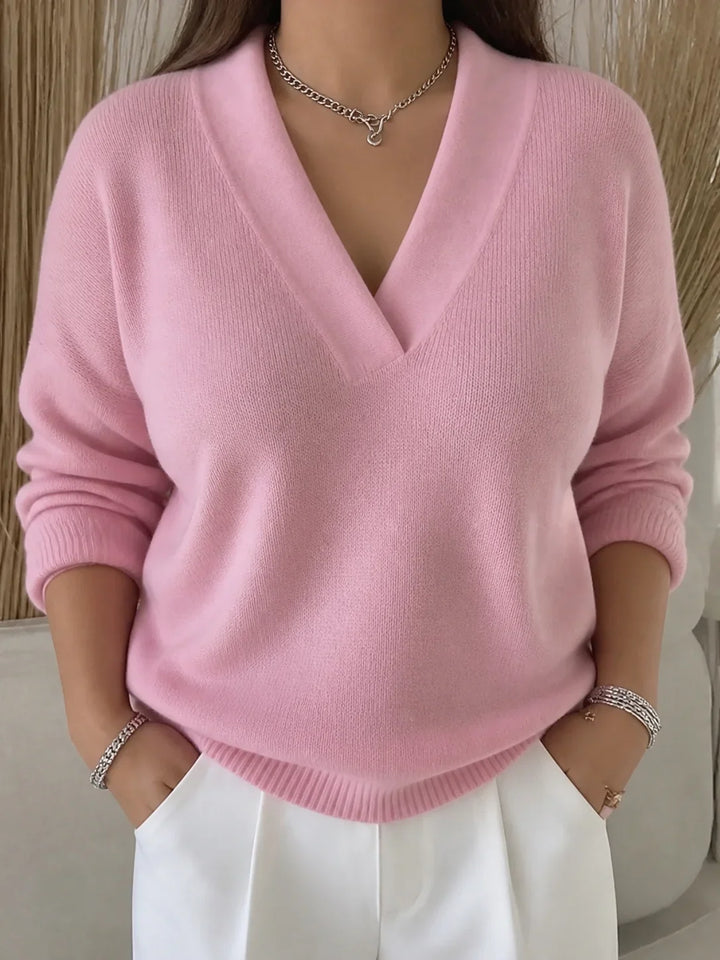 Women's V-Neck Sweater with Ribbed Trim