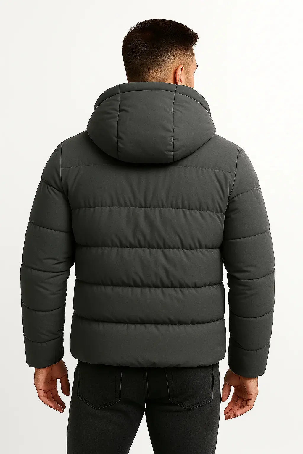 Men's Padded Winter Jacket with Attached Hood and Quilted Details