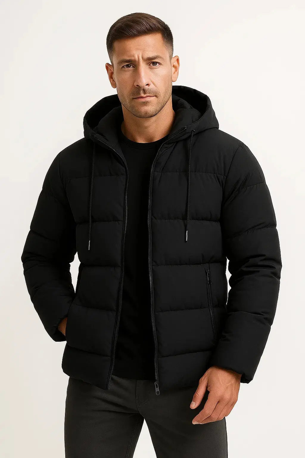 Men's Padded Winter Jacket with Attached Hood and Quilted Details
