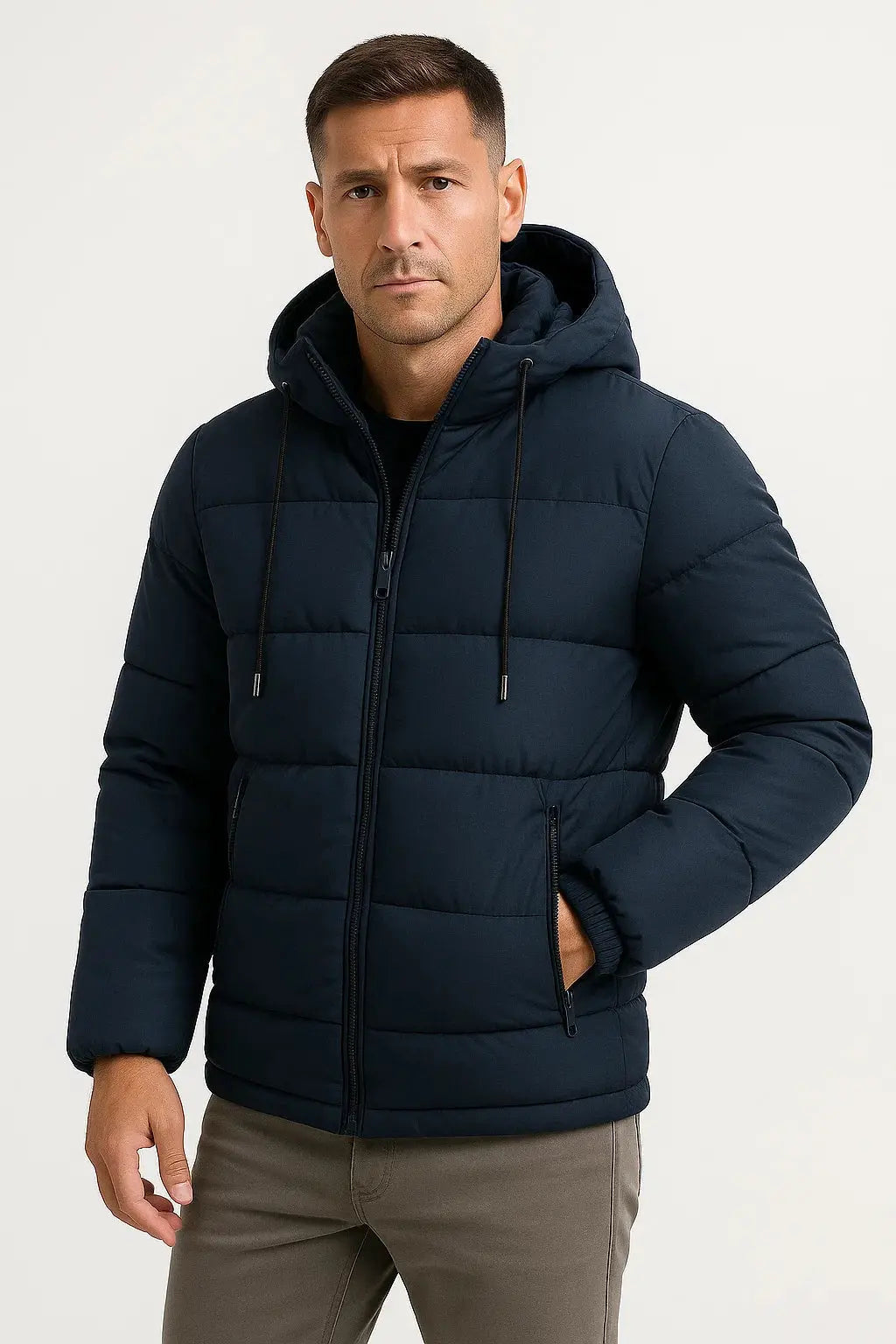Men's Padded Winter Jacket with Attached Hood and Quilted Details