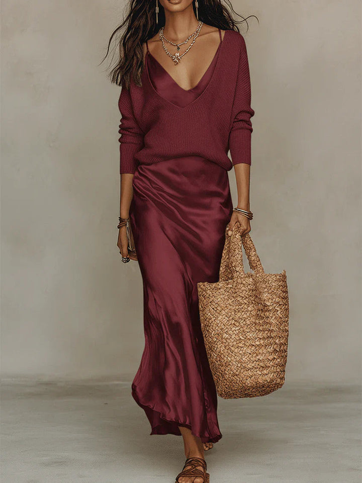 Elegant Satin Kjole Med Striktrøje
