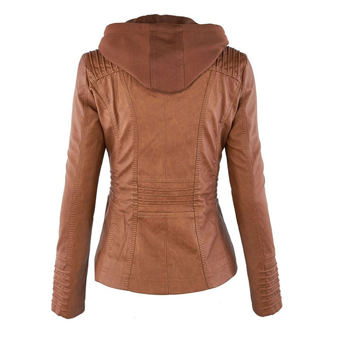 Weather-resistant leather jacket with hood for women