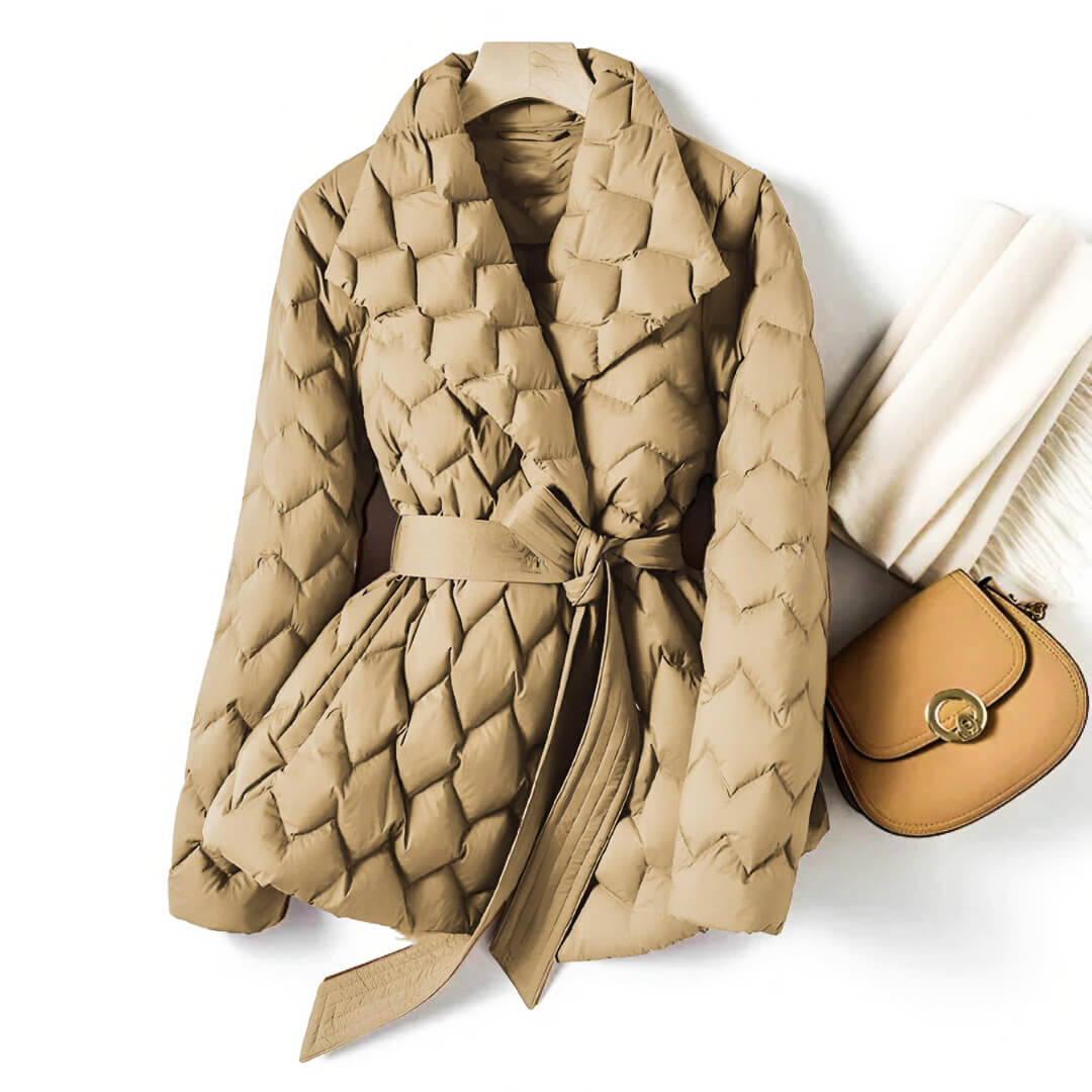 Quilted Jacket with Lapel Collar and Tie Belt for Women