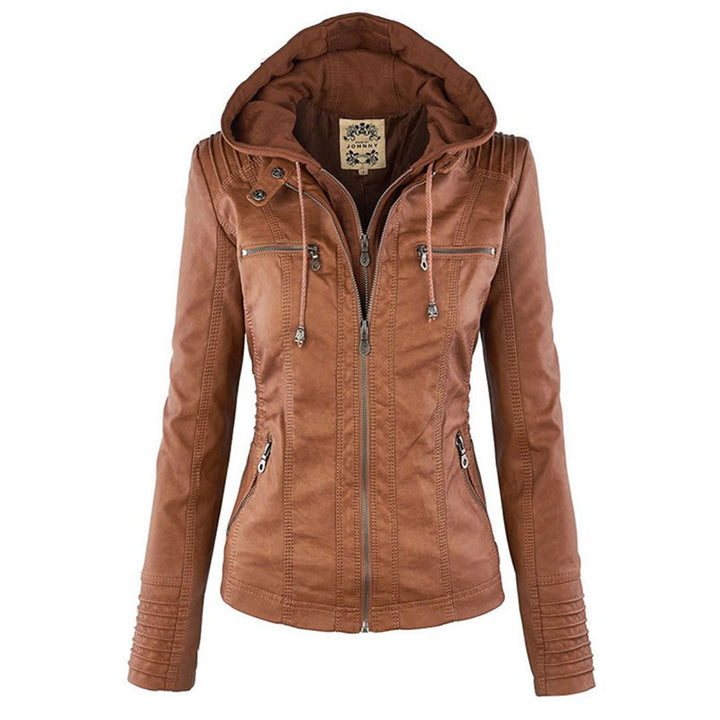 Weather-resistant leather jacket with hood for women