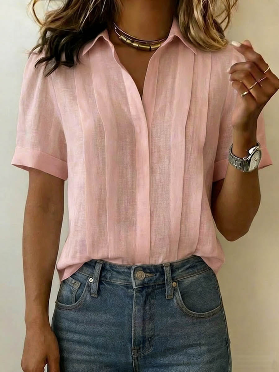 Linen blouse with pleated front and collar for women