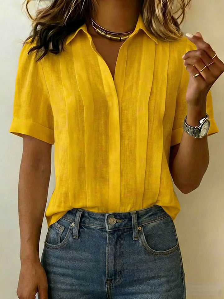 Linen blouse with pleated front and collar for women