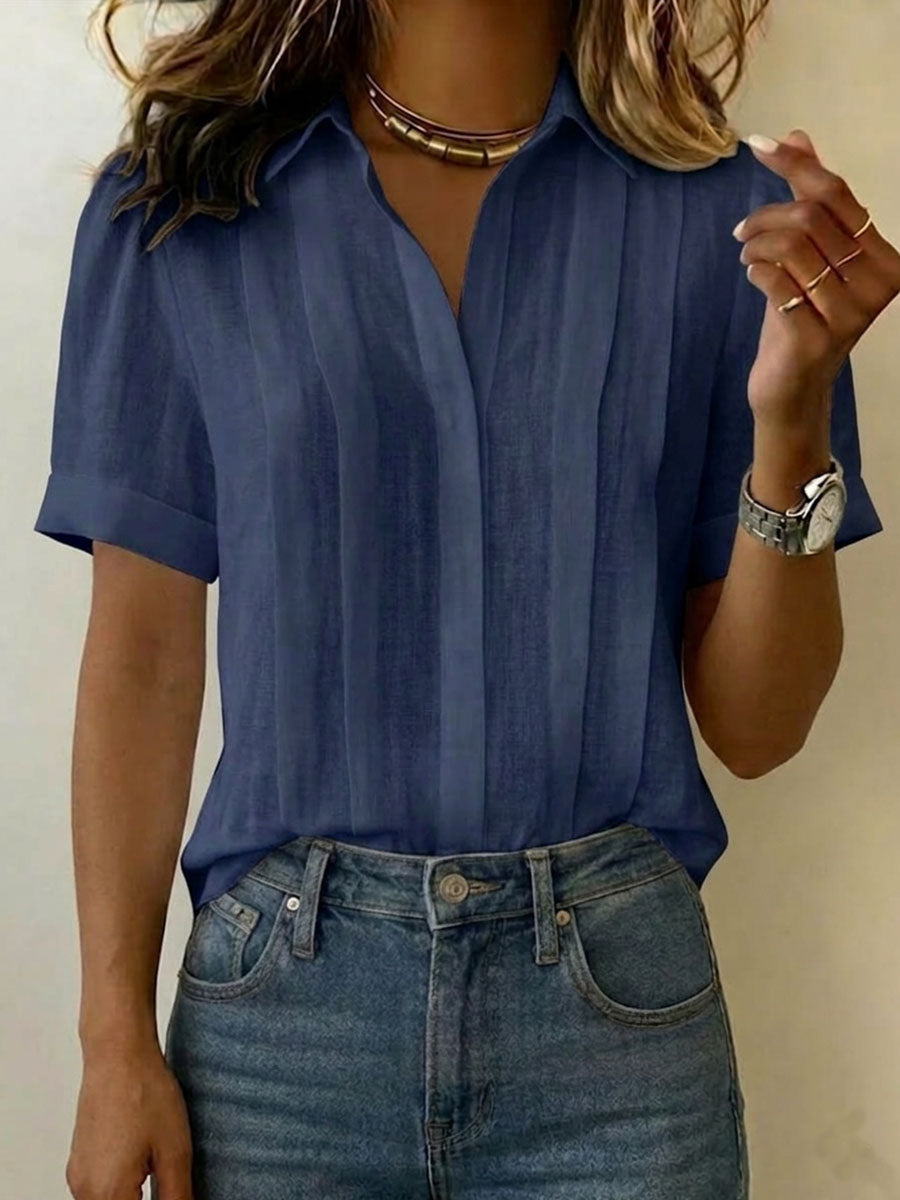 Linen blouse with pleated front and collar for women