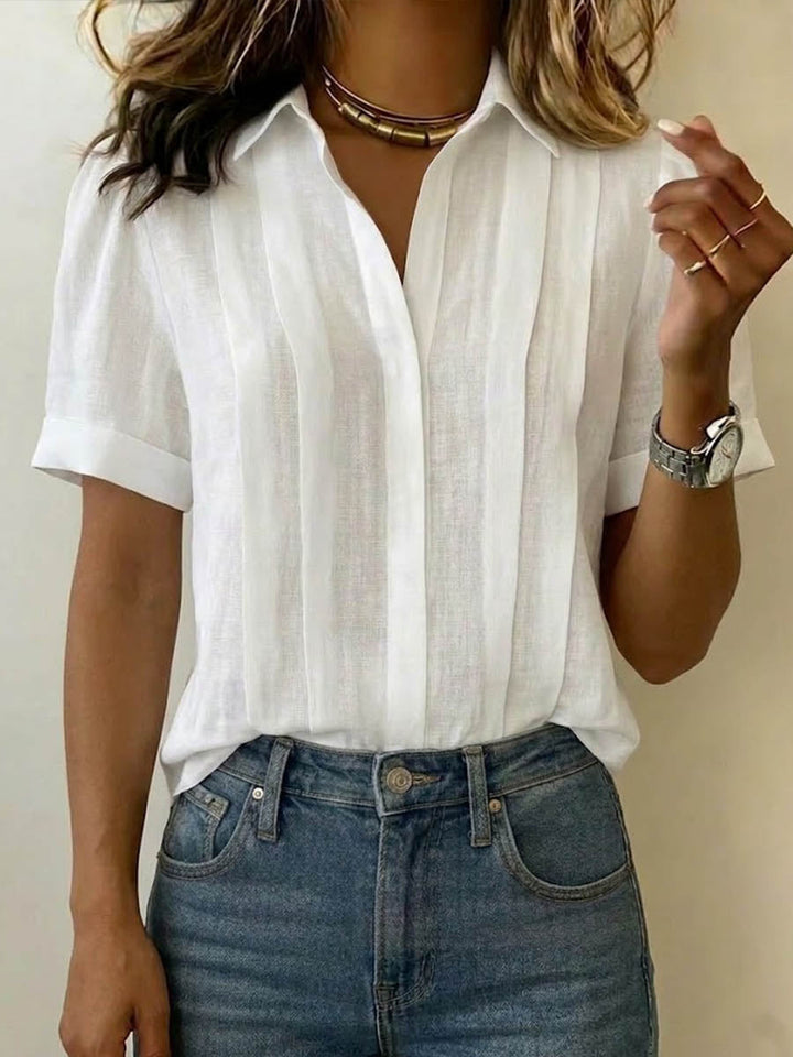 Linen blouse with pleated front and collar for women
