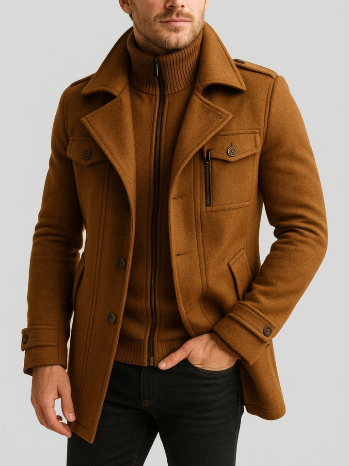 Felt coat with stand-up collar and zip-in insert for men
