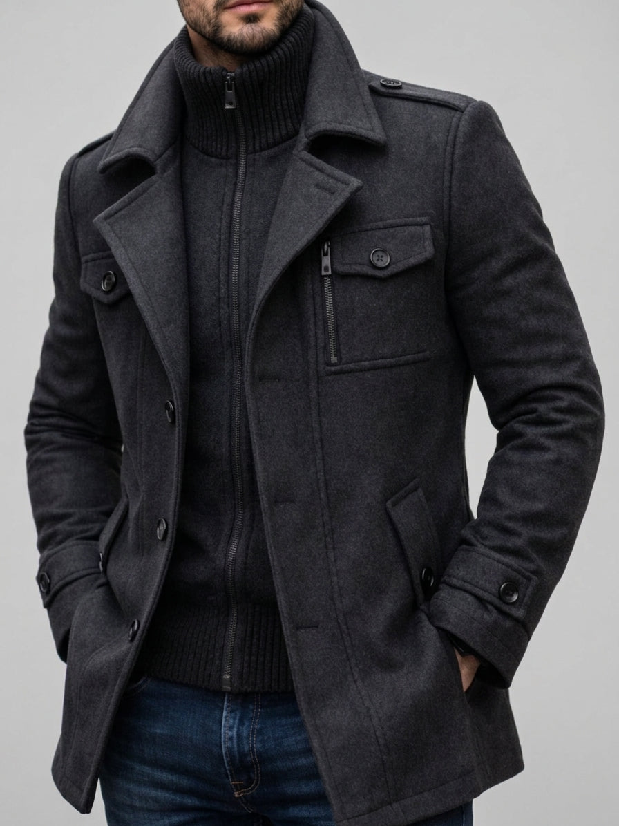 Felt coat with stand-up collar and zip-in insert for men