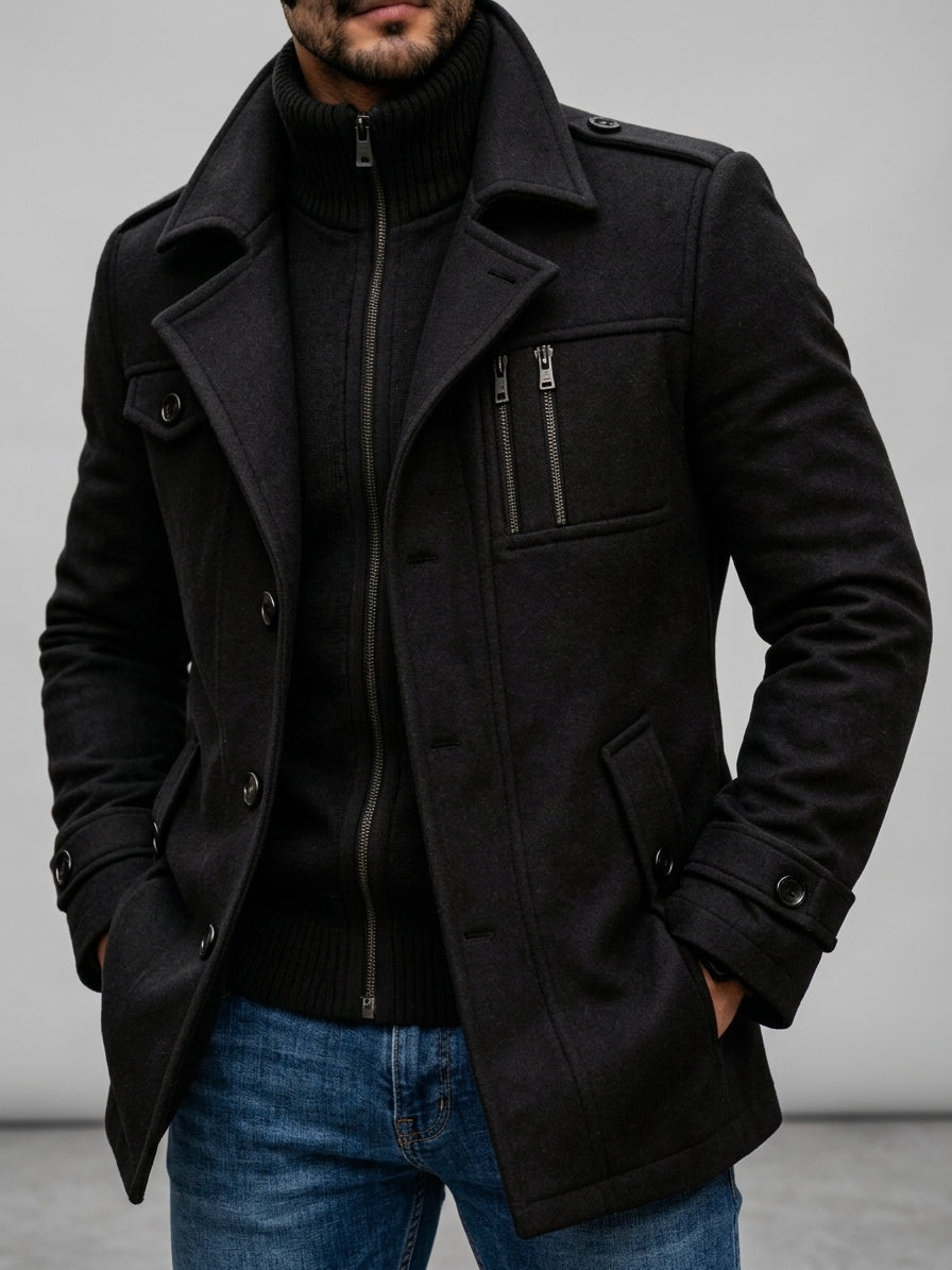 Felt coat with stand-up collar and zip-in insert for men