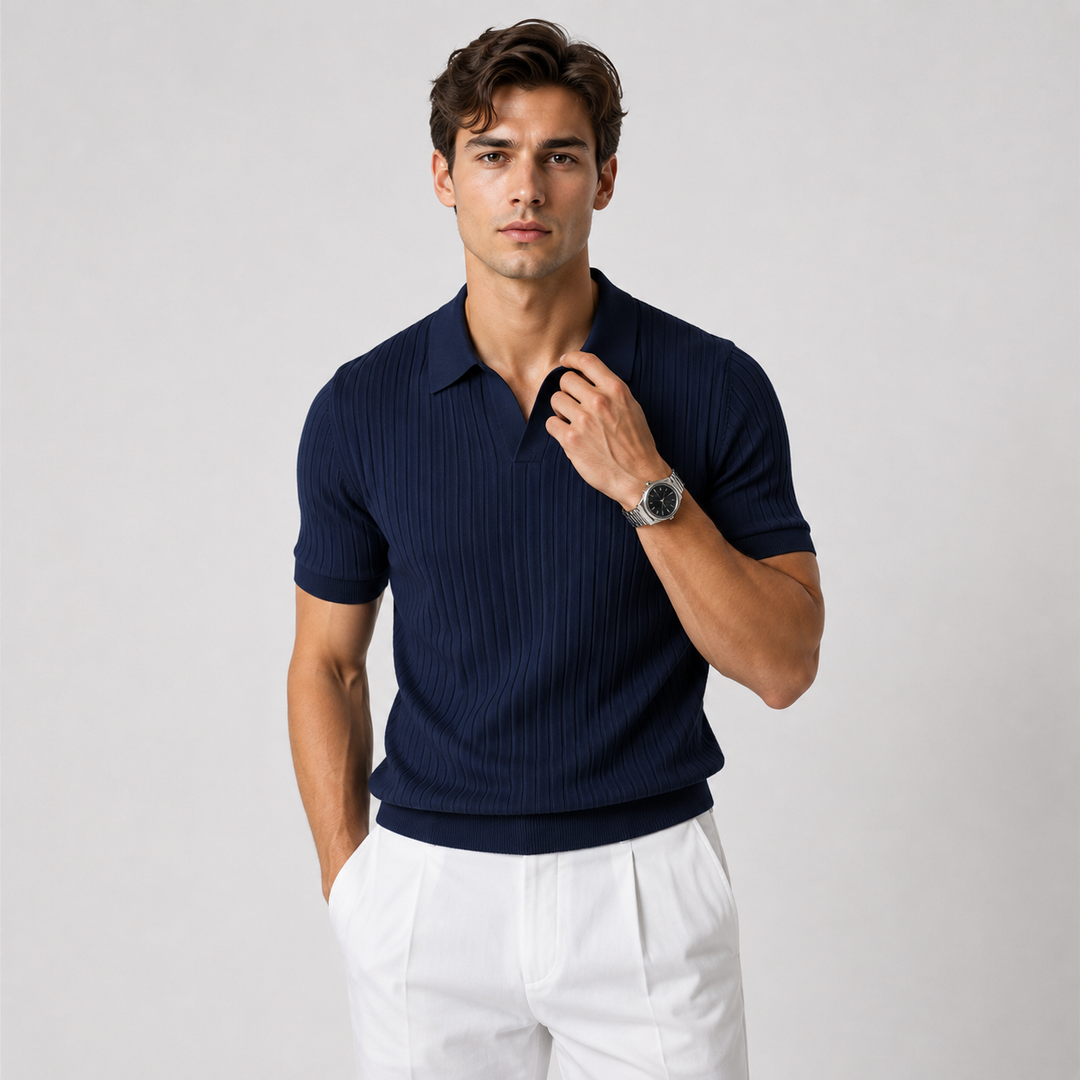 Knitted Polo Shirt with Classic Collar and Short Sleeves for Men