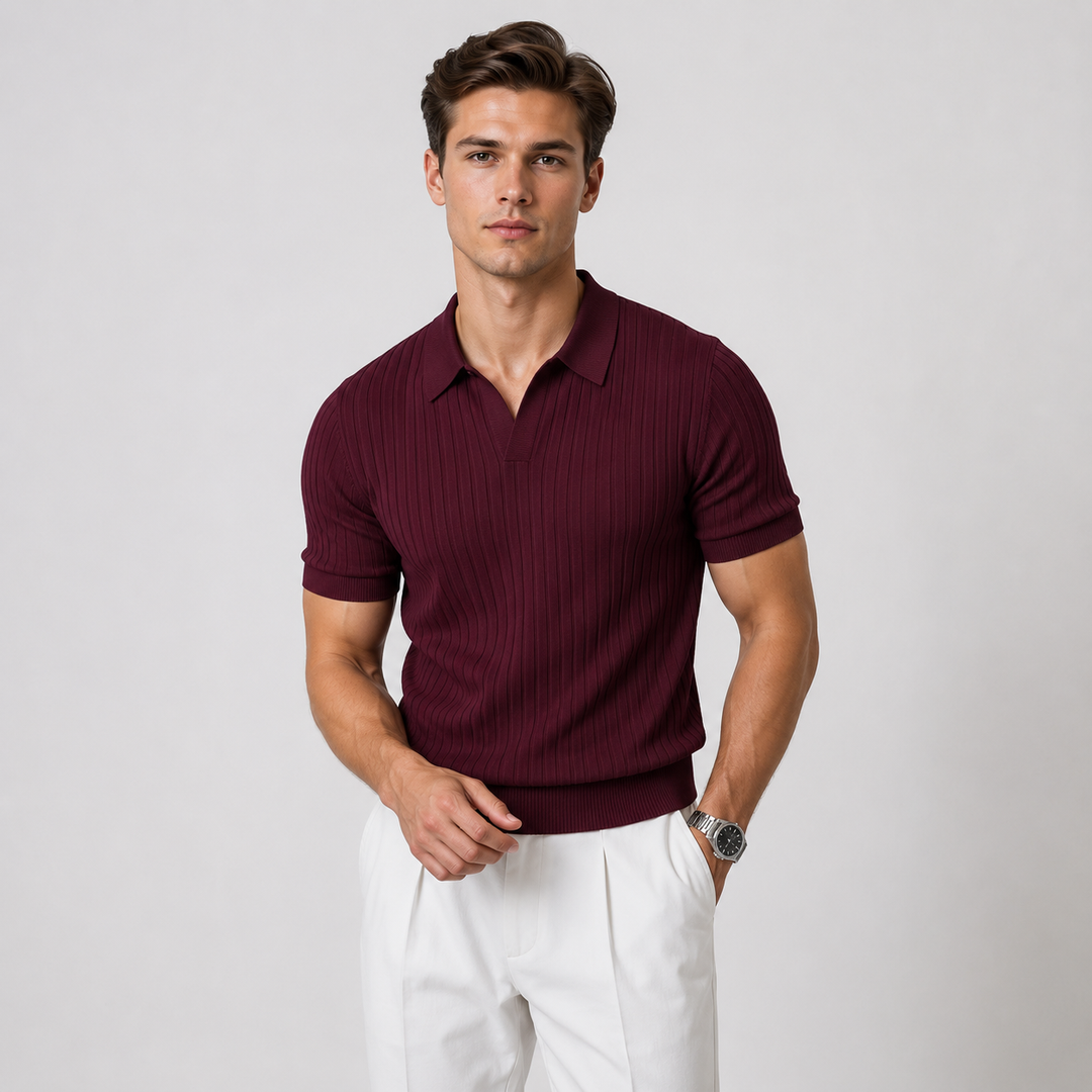Knitted Polo Shirt with Classic Collar and Short Sleeves for Men