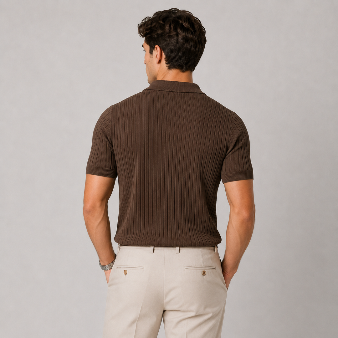 Knitted Polo Shirt with Classic Collar and Short Sleeves for Men