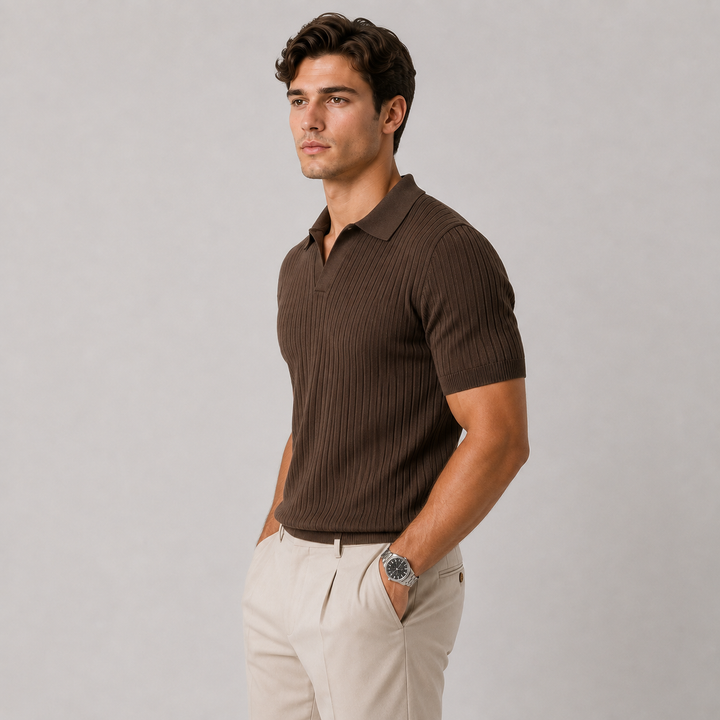 Knitted Polo Shirt with Classic Collar and Short Sleeves for Men