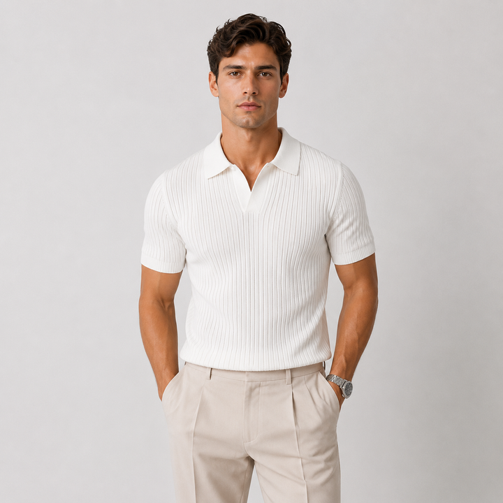 Knitted Polo Shirt with Classic Collar and Short Sleeves for Men