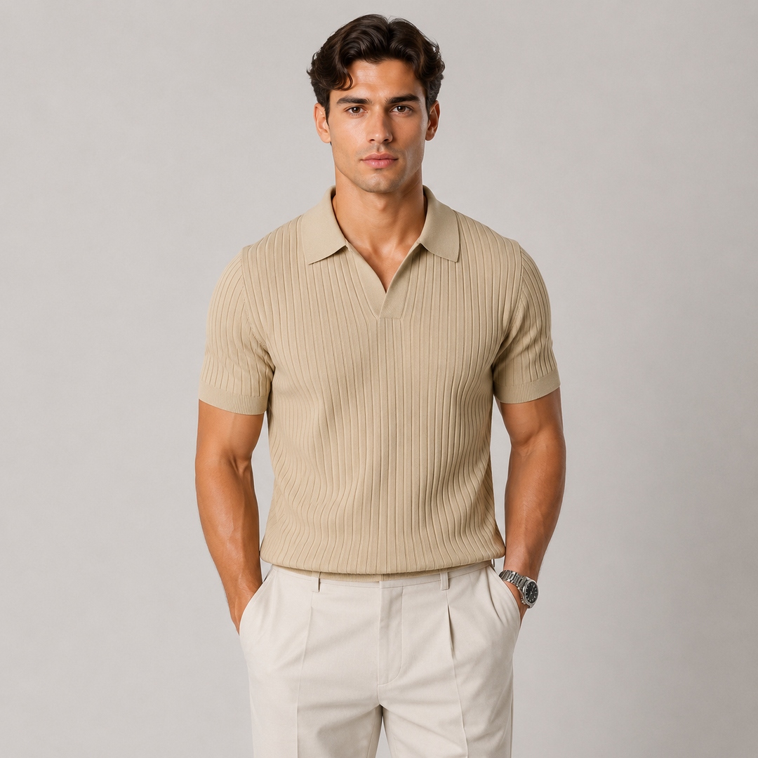 Knitted Polo Shirt with Classic Collar and Short Sleeves for Men