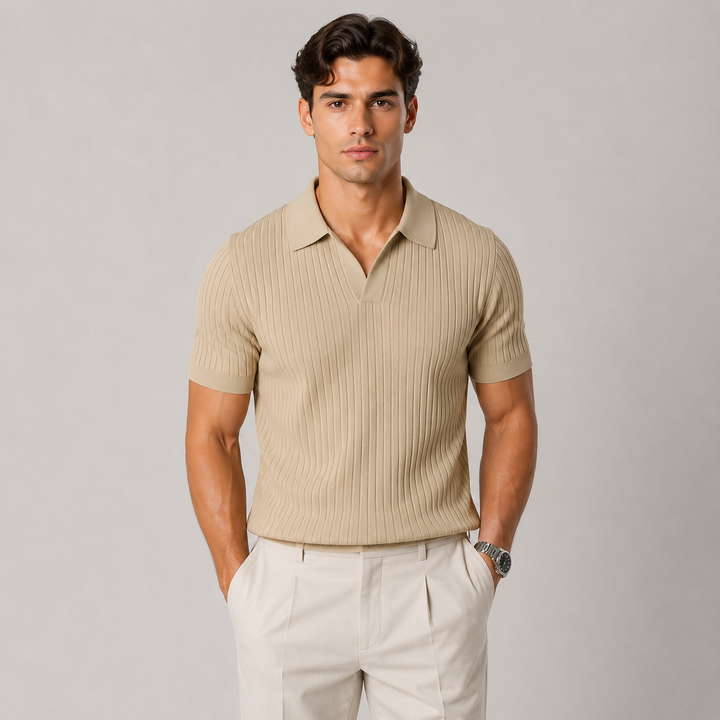 Knitted Polo Shirt with Classic Collar and Short Sleeves for Men
