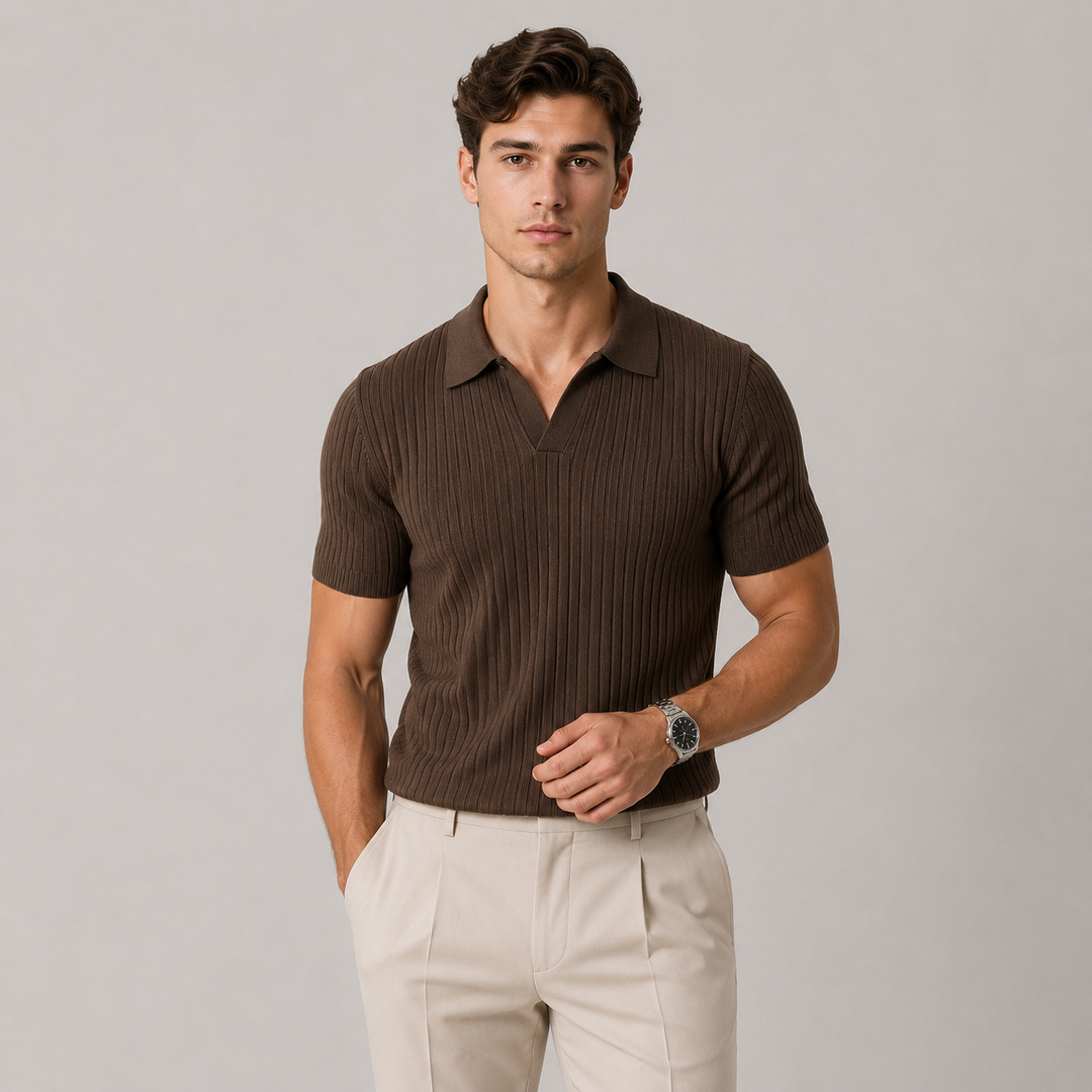 Knitted Polo Shirt with Classic Collar and Short Sleeves for Men