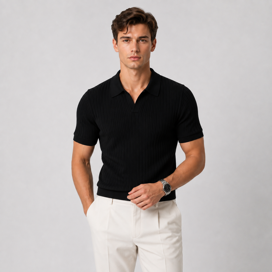 Knitted Polo Shirt with Classic Collar and Short Sleeves for Men