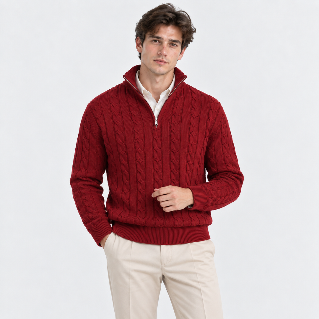 Men's Cable-Knit Quarter-Zip Pullover with High Collar