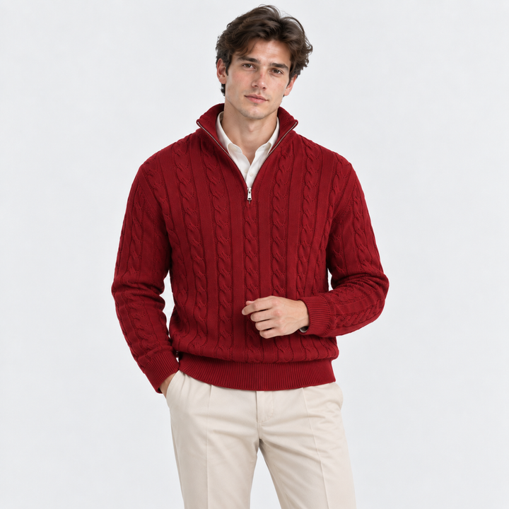 Men's Cable-Knit Quarter-Zip Pullover with High Collar