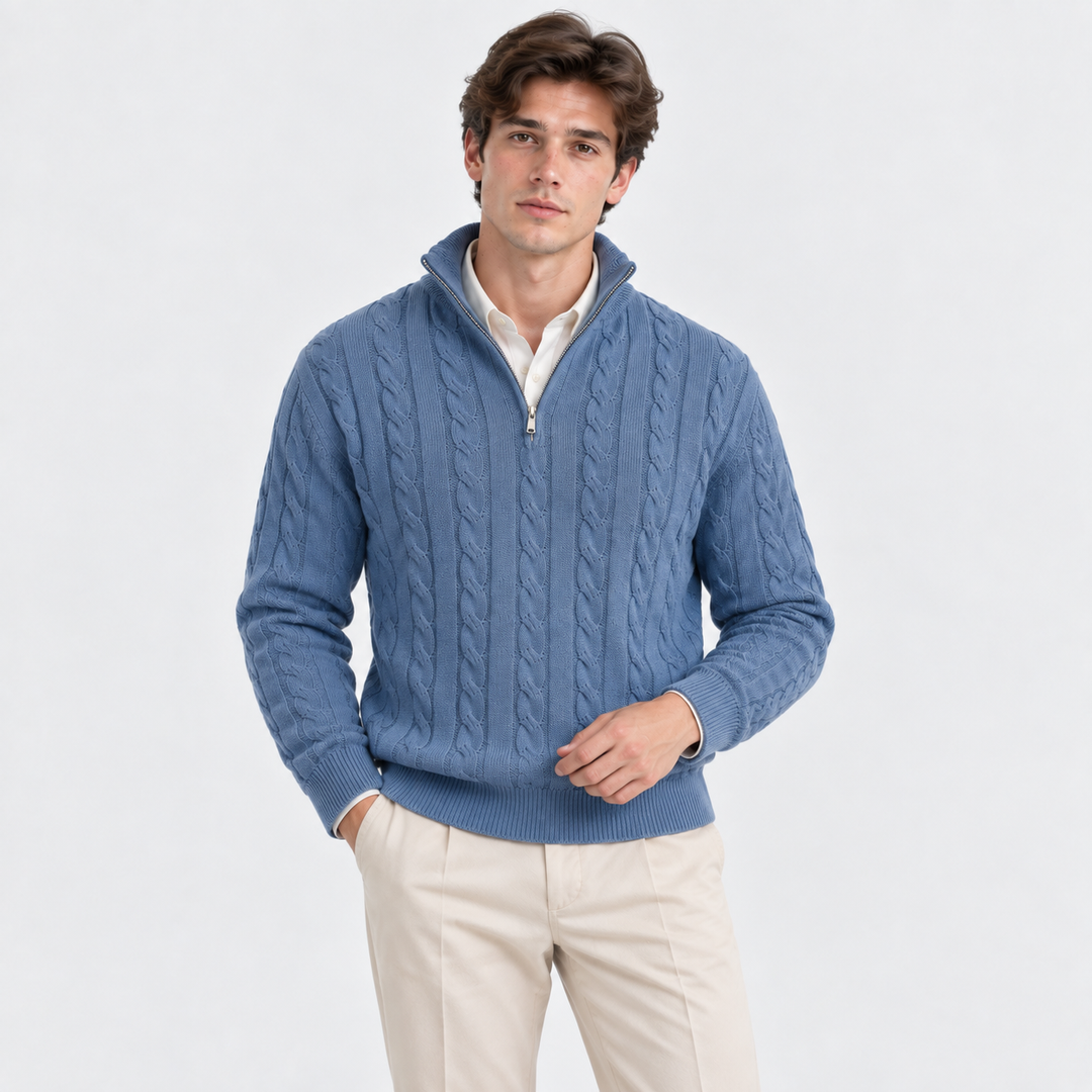 Men's Cable-Knit Quarter-Zip Pullover with High Collar