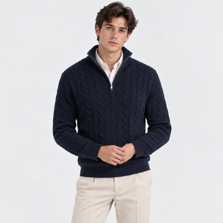 Men's Cable-Knit Quarter-Zip Pullover with High Collar