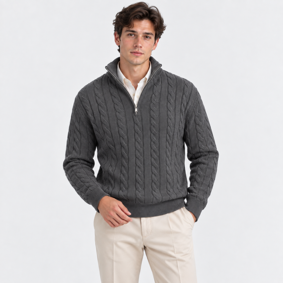 Men's Cable-Knit Quarter-Zip Pullover with High Collar